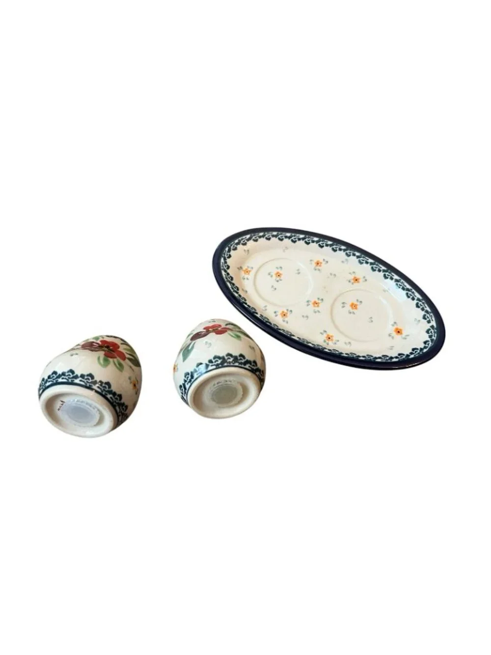Polish Pottery Boleslawiec Salt Pepper Shakers Tray Bell Baking Dish Lid Garden